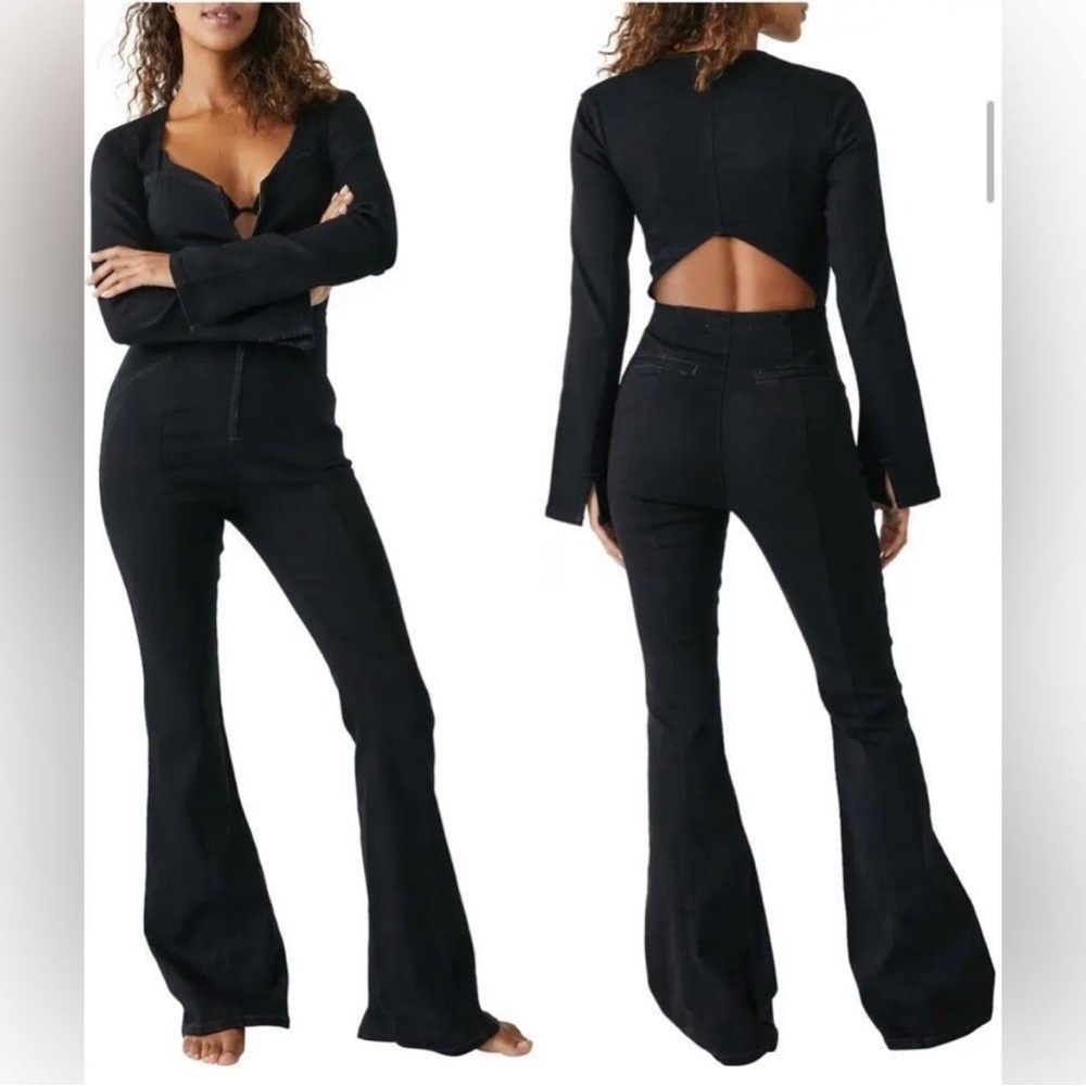 Free people Karly long sleeve black denim jumpsuit